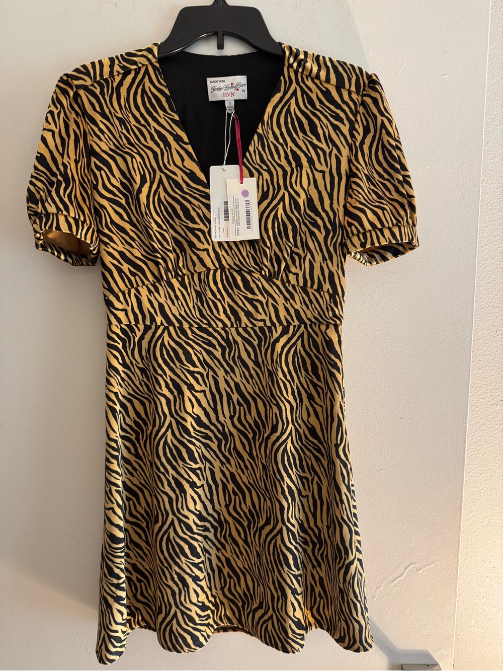NWT HVN Poole Shop 'Paula' Velvet Tiger Print Mini Dress - Black & Gold Size 2